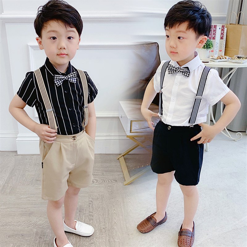 儿童小主持人合唱演出服礼服男童短袖西装洋气背带裤夏季花童套装
