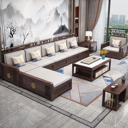 新中式乌金木沙发全实木现代中式客厅简约布艺储物小户型实木沙发