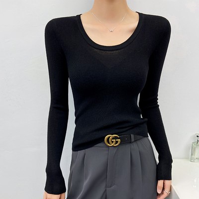女士打底衫春秋款可外穿u领内搭针织衫t恤长袖薄款超显身材的上衣