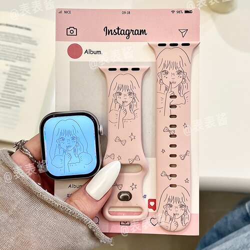 漫画女孩适用iwatchs12/11卡通10苹果硅胶SE表带Applewatch9/8/7