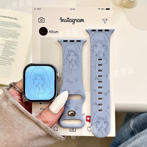 漫画女孩适用iwatchs12/11卡通10苹果硅胶SE表带Applewatch9/8/7