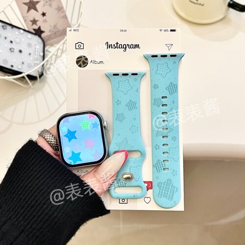 创意格纹星星适用iwatchs11/10苹果手表表带SE硅胶Applewatchs9/8