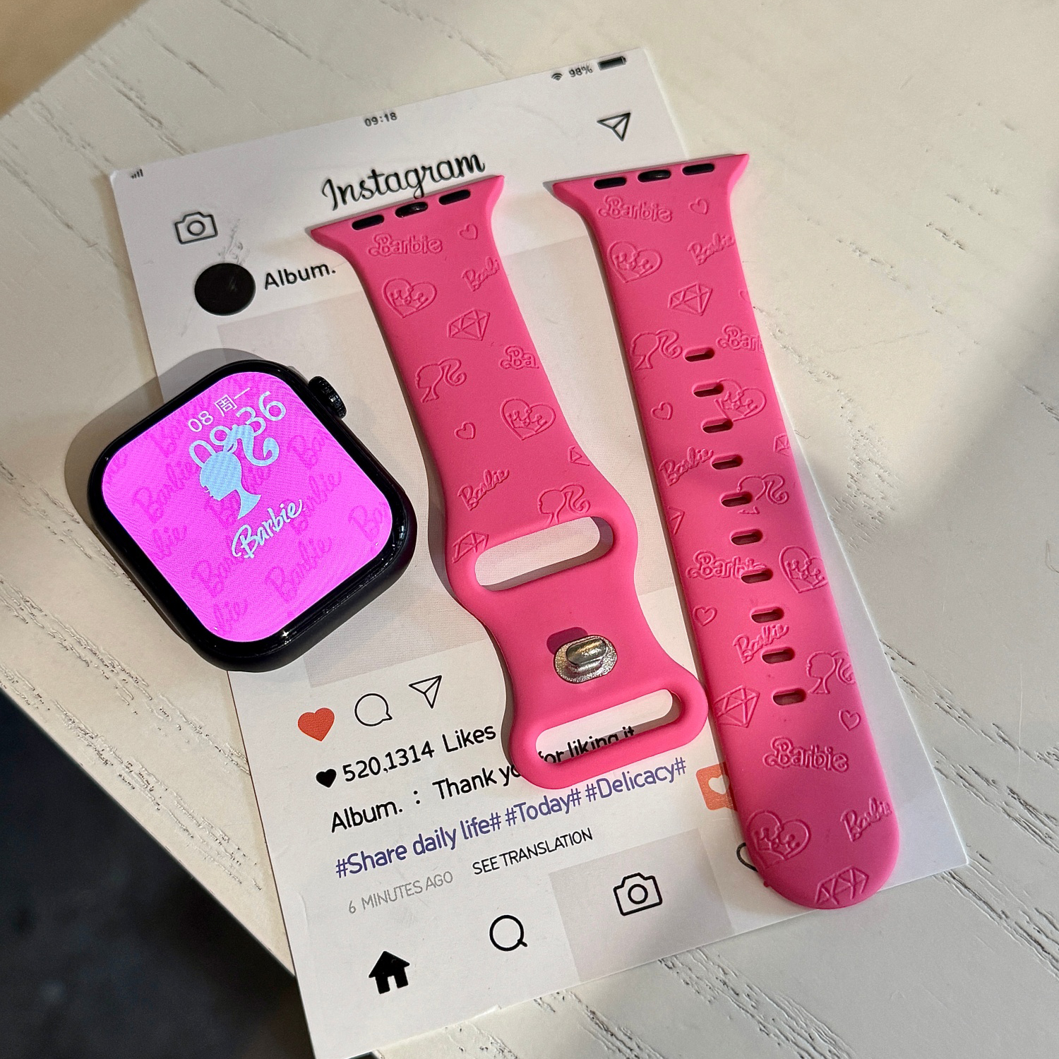 芭比公主适用苹果手表表带iwatchS11/10/9硅胶Apple玫红2ultra/SE