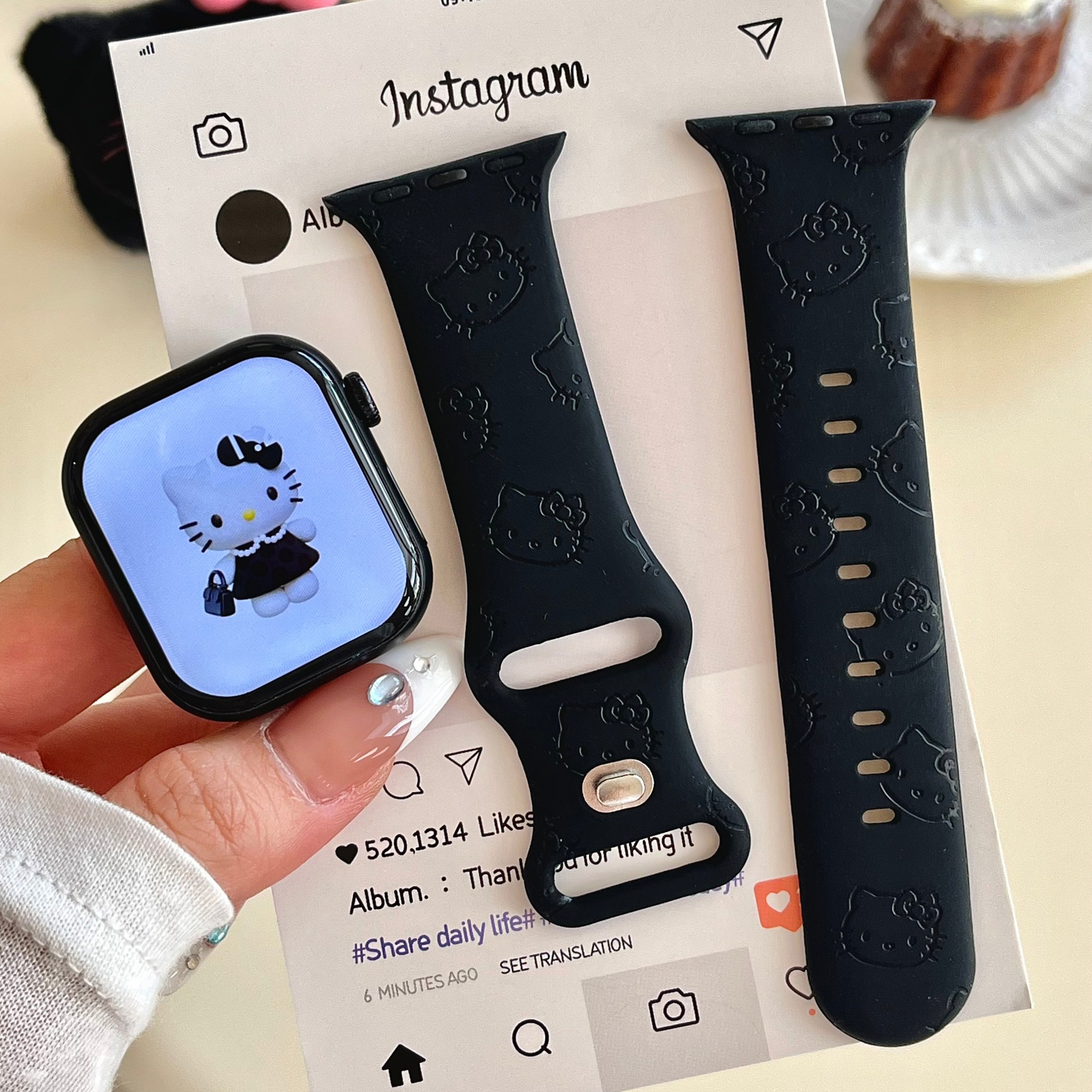 甜酷凯蒂猫适用苹果手表表带iwatchS11/10/9硅胶Apple黑2ultra/SE