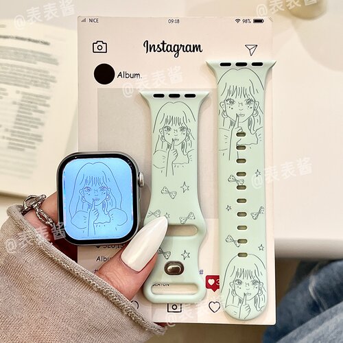 漫画女孩适用iwatchs12/11卡通10苹果硅胶SE表带Applewatch9/8/7