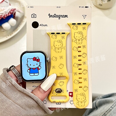 挥手猫咪适用iwatchs12/11卡通新款10苹果硅胶SE表带Applewatch9