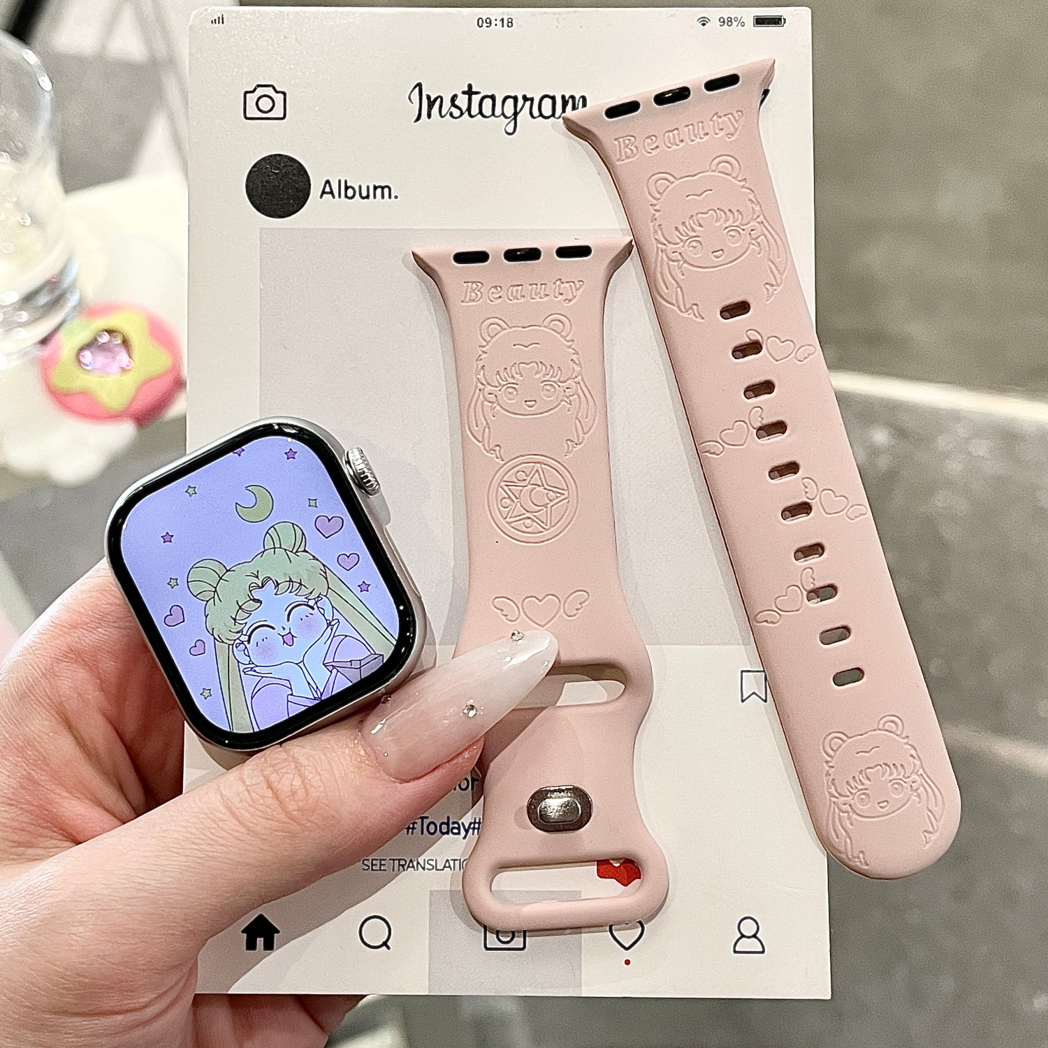 美少女适用苹果手表表带iwatchS11/10/9硅胶Apple粉色2ultra萌SE