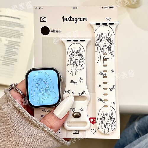漫画女孩适用iwatchs12/11卡通10苹果硅胶SE表带Applewatch9/8/7