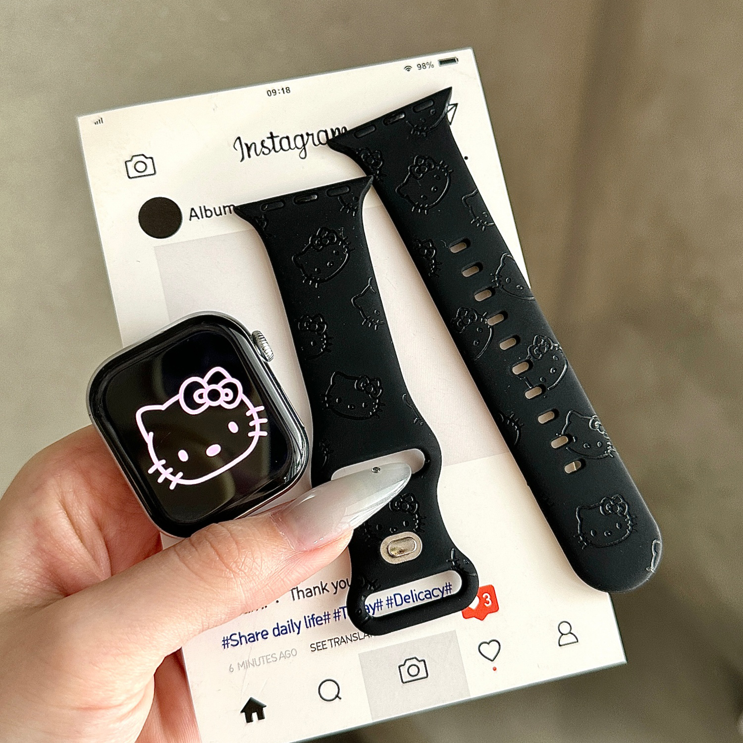 甜酷Kitty适用苹果手表表带iwatchS11/10/9硅胶Apple黑2ultra/SE