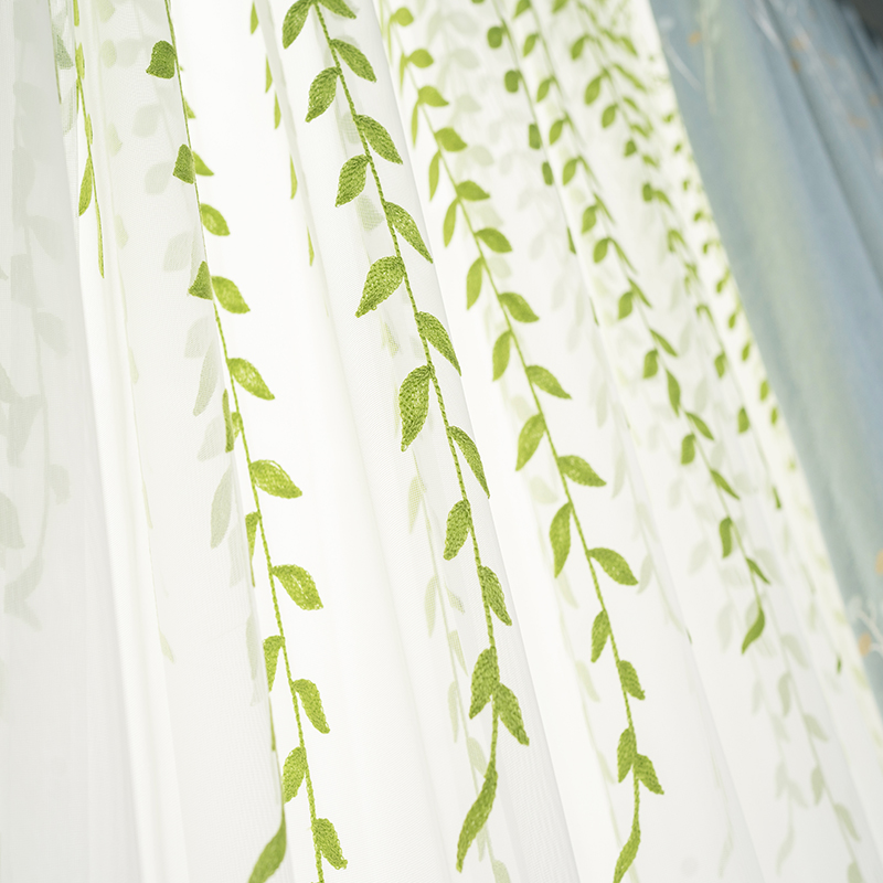 新款柳叶b小清新窗纱客厅阳台飘窗落地窗隔断遮挡门帘成品纱帘定