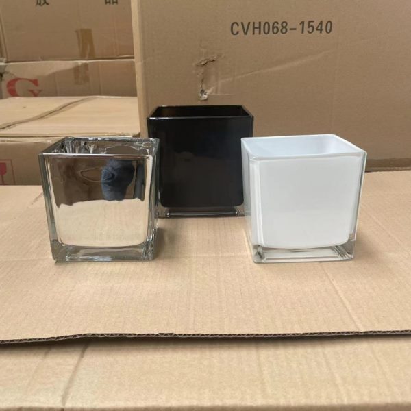 加厚四方形玻璃透明花瓶黑色和白色花盆长方形干花婚庆桌银色方杯