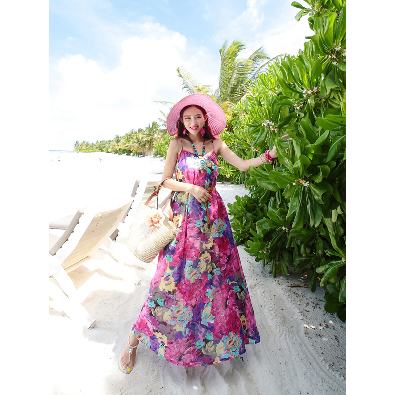 2021新款春夏季三亚度假连衣裙海边大码沙滩裙女雪纺碎花吊带长裙