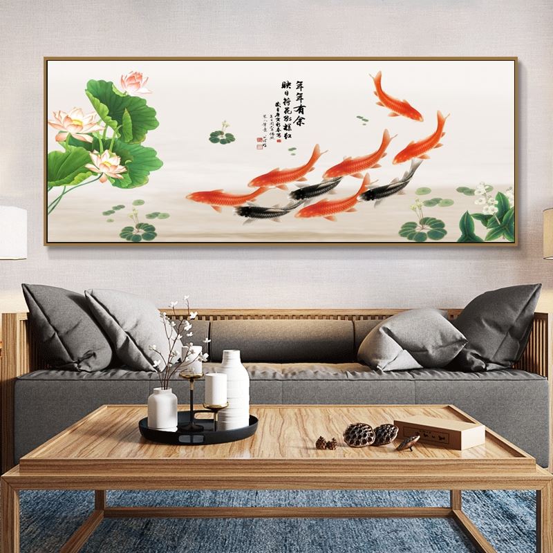 新中式客厅装饰画荷花九鱼图禅意挂画沙发背景墙年年有余锦鲤壁画图片