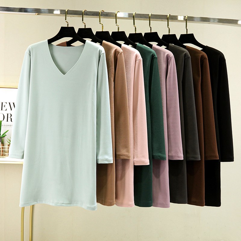 德绒长袖睡裙女秋冬季加绒连衣裙家居服大码打底保暖V领睡衣浴袍