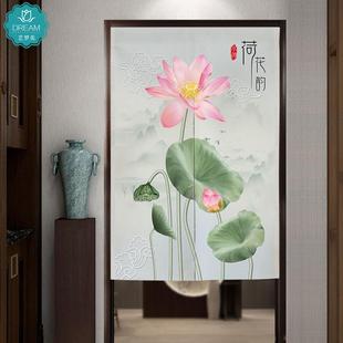 荷花玄关入户遮挡隔断帘家用卧室门帘布艺卫生间挂帘魔术贴 新中式