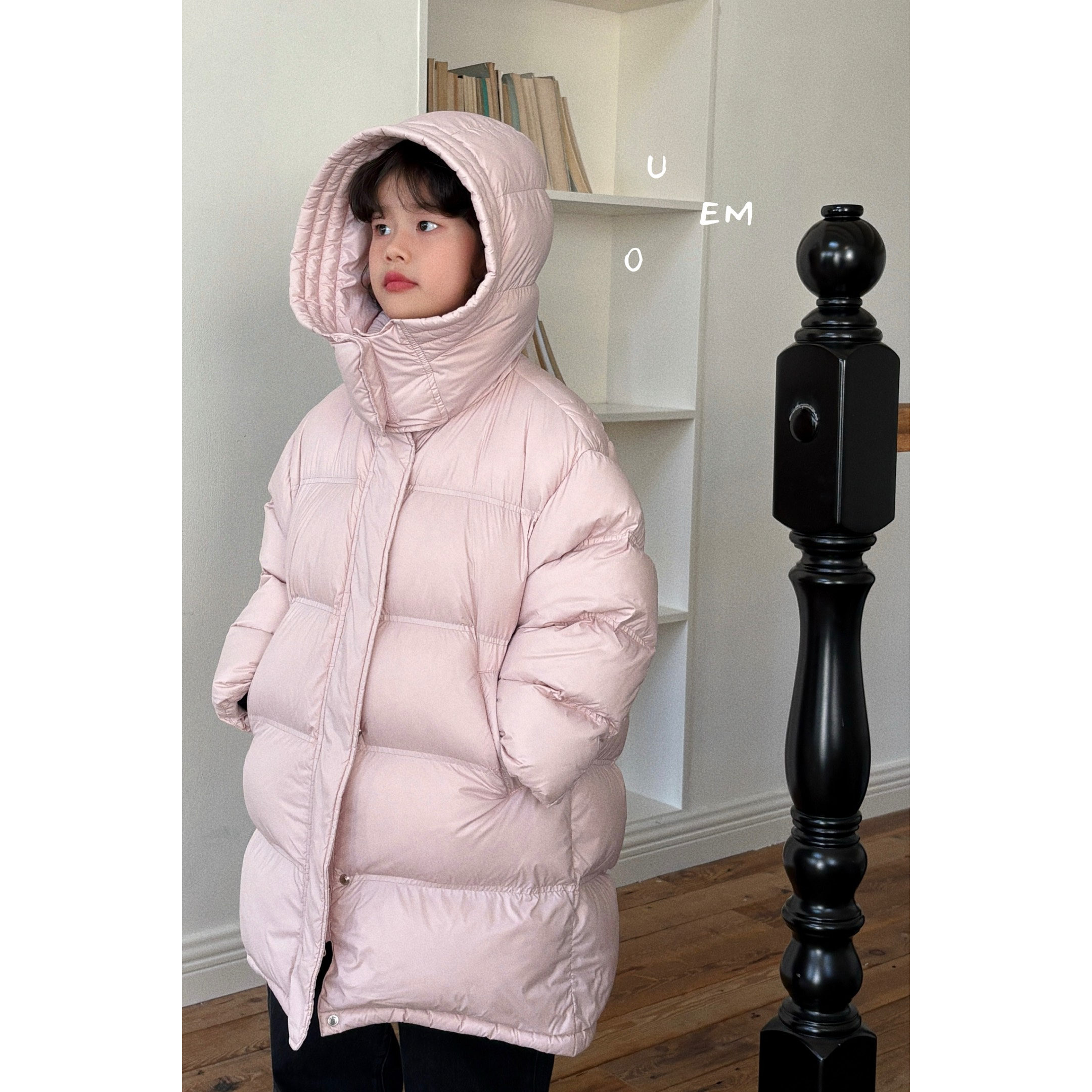 uemo 童装儿童粉色连帽中长款女童男童加厚面包服羽绒服冬季保暖