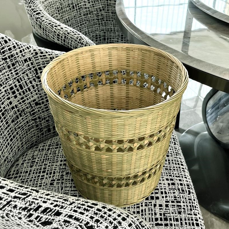 竹编垃圾筒圆形家用竹筐室内废纸桶厨房收纳篮子竹制品手工编织篮
