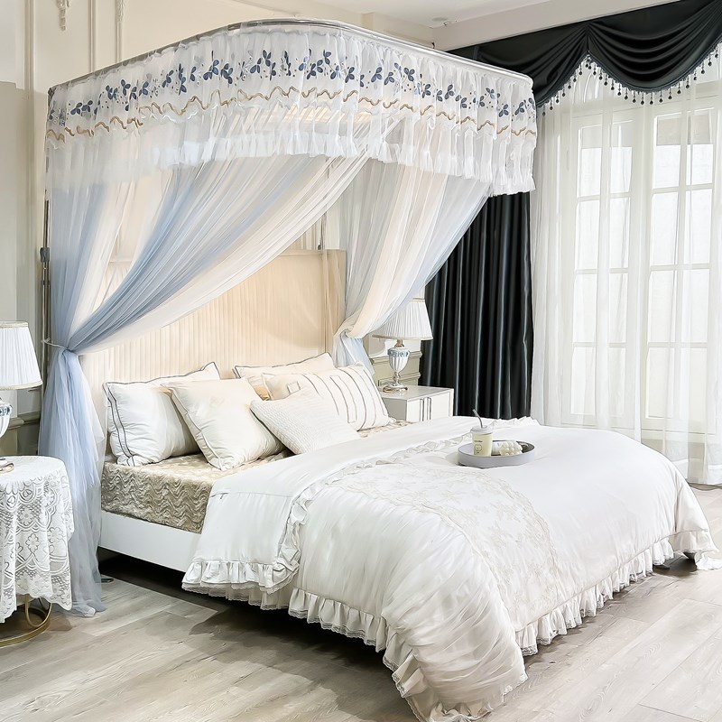 高级双层拉链伸缩蚊帐卧室家用公B主风床幔三开门加密加厚U型纹账