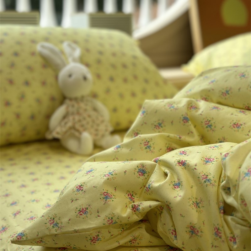 韩系奶黄色田园小碎花床上四件套全棉1.5m1.P8宿舍被套床单三件套