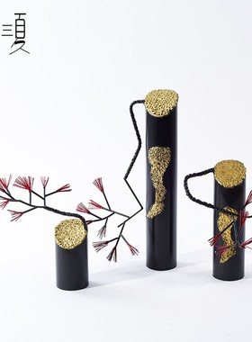 新中式售楼部雕h塑摆件圆柱金属针叶软装饰品酒店展厅玄关茶室摆