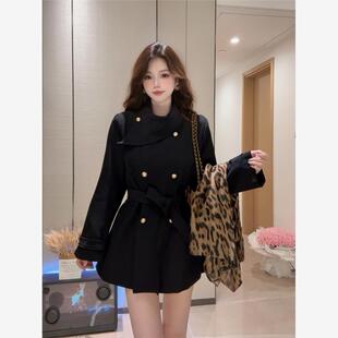 蓝色星球名媛黑色赫本风衣女网红爆款小个子韩系中短款外套连衣裙