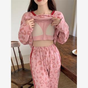 睡衣女款春秋季纯棉长袖带胸垫一体2025年新款秋冬休闲爱心家居服