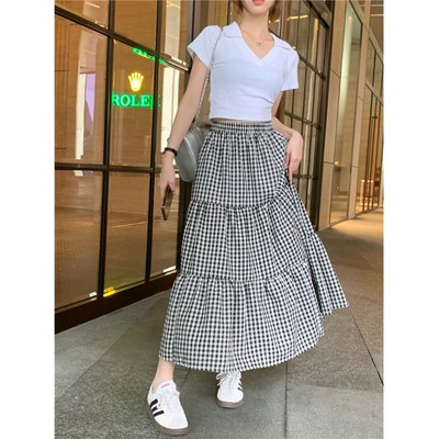 格子长裙女夏季高腰大摆型伞裙a字中长款显瘦复古方格下半身裙子