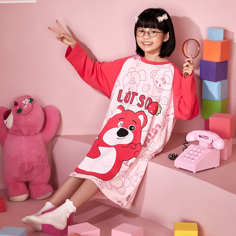 女童睡裙春秋纯棉长袖薄款儿童睡衣2024新款中长款亲子母女家居服