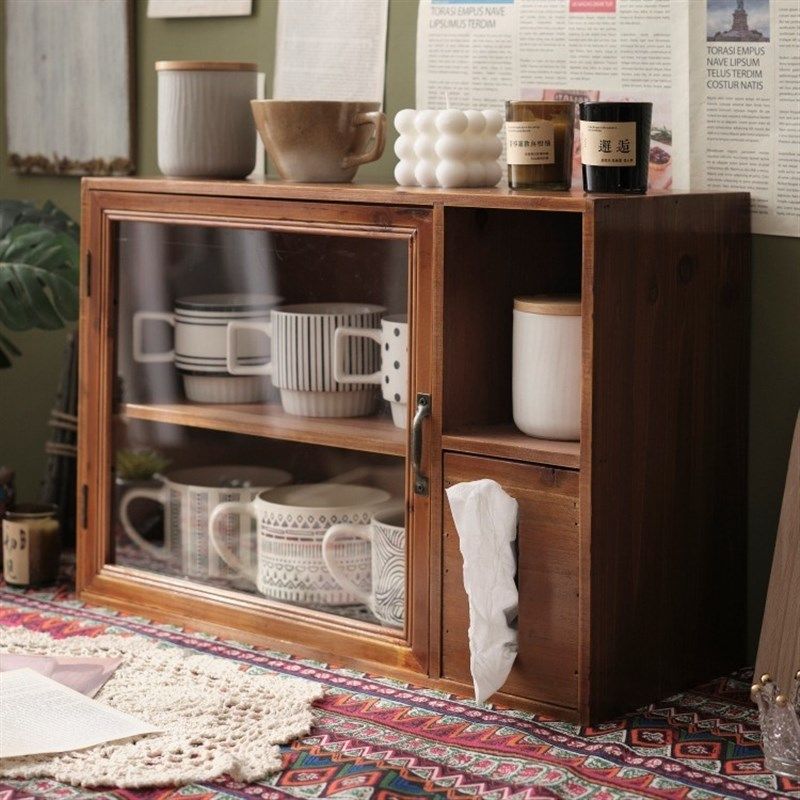 zakka网红置物架带纸巾盒复古双层木质茶具桌面收纳盒杯子防尘柜