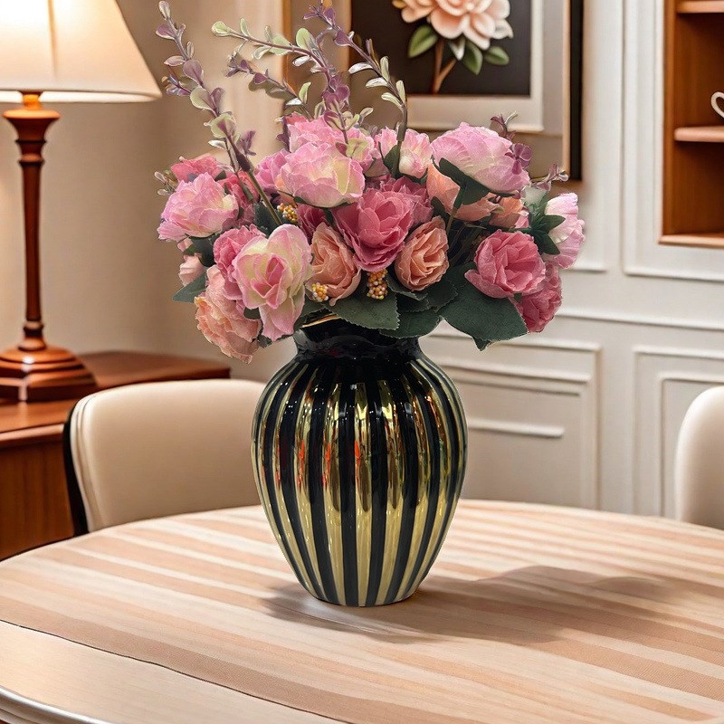 新款高档玫瑰仿真花带花瓶摆件客厅茶几绢花艺餐桌电视柜摆花套装