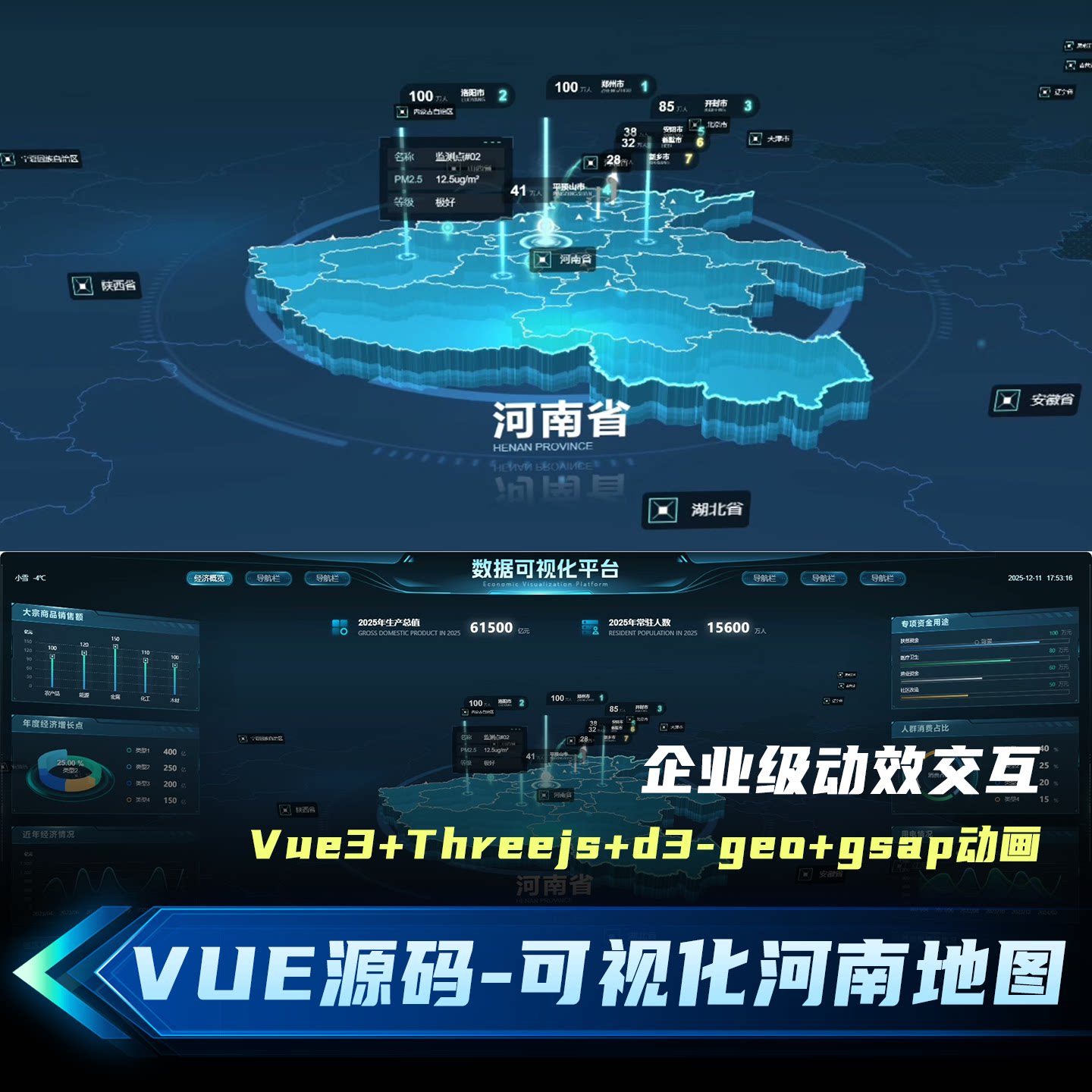 Vue3河南3D地图ThreejsD3-GEO源码大数据可视化进场动效大屏文件
