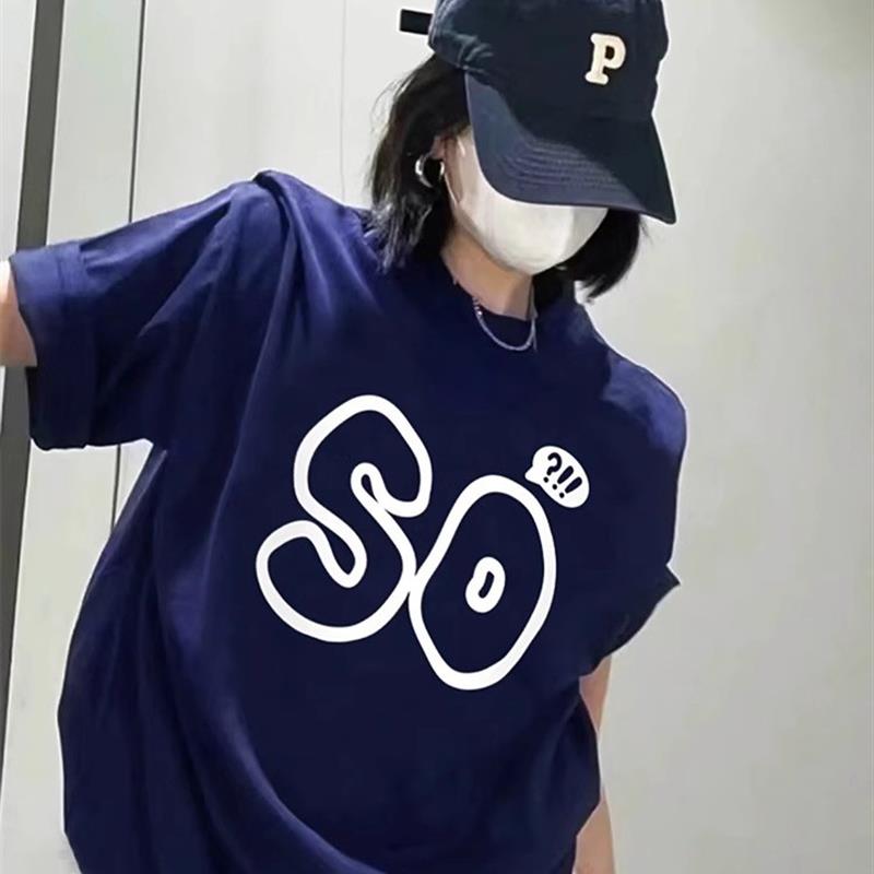 藏蓝色纯棉短袖t恤女夏季2025新款休闲百搭宽松体恤衫半袖上衣服