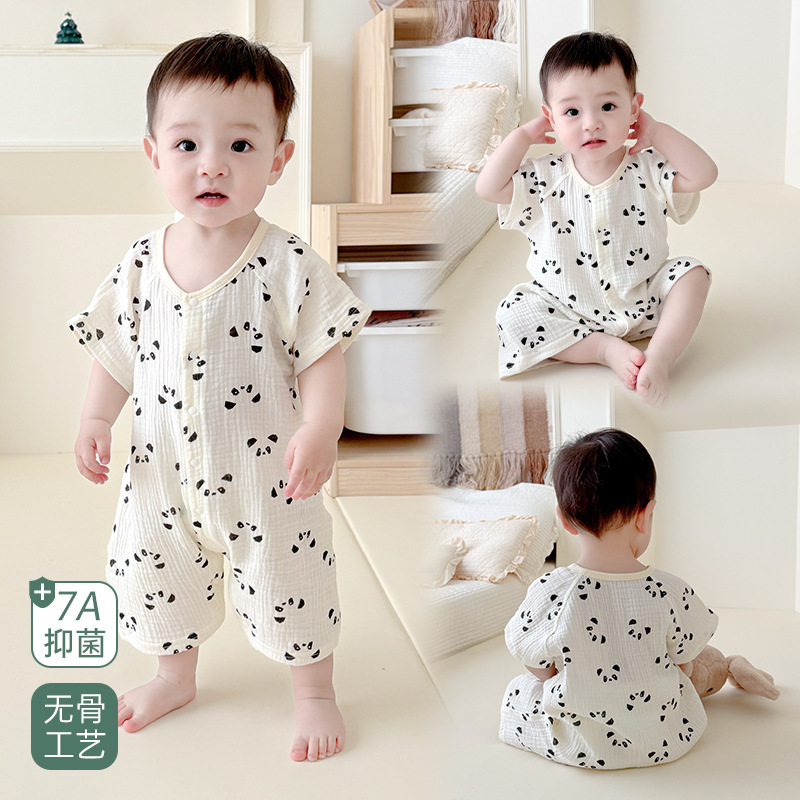 新生婴儿夏季短袖哈衣纯棉纱布连体衣宝宝双层护肚爬服a类爬爬服