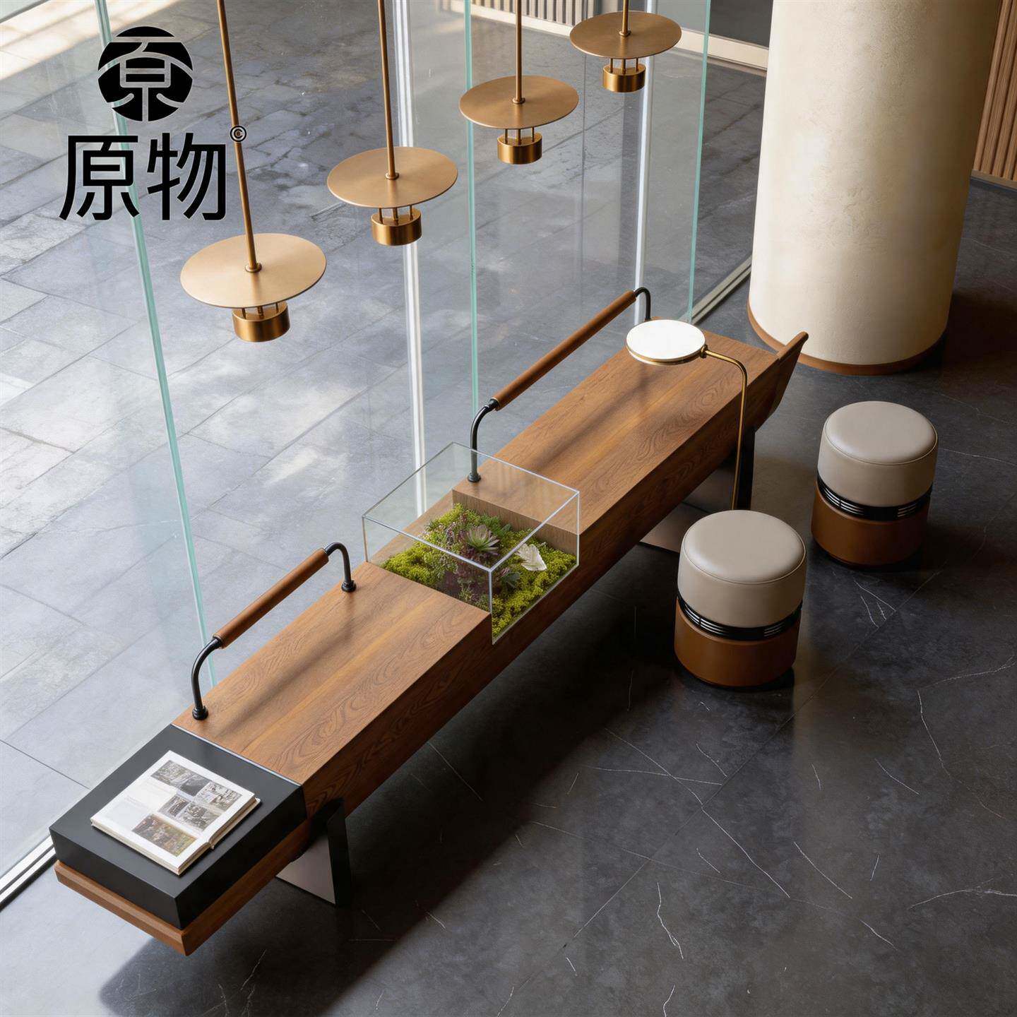 样品屋展示中心轻奢创意酒店会客长条凳金属景观凳设计师等待区休
