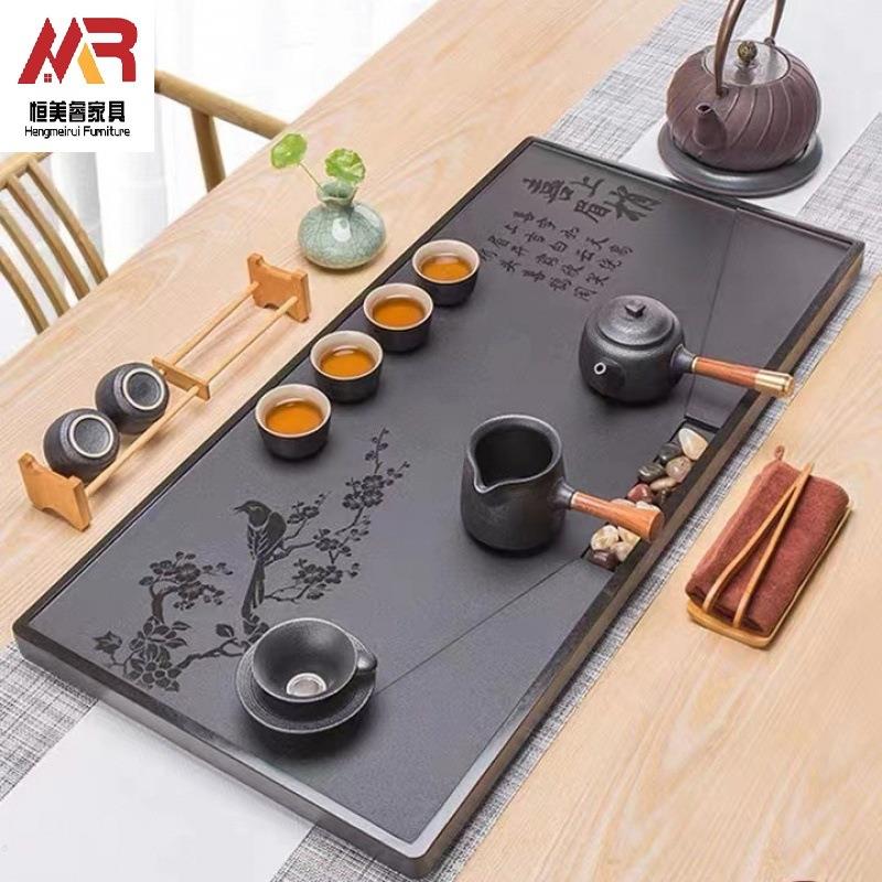 天然乌金石茶盘家用简约整块石材茶台带排水石头茶海茶具托盘