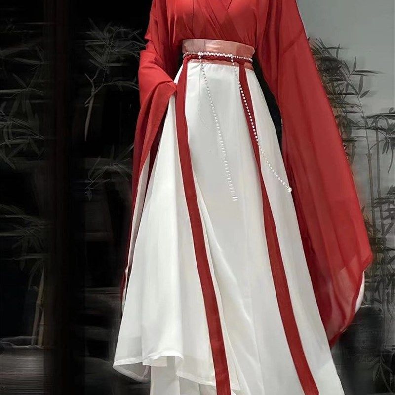 红色汉服女魏晋风南北朝古装秋季武侠风通勤小个子广袖流仙裙改良
