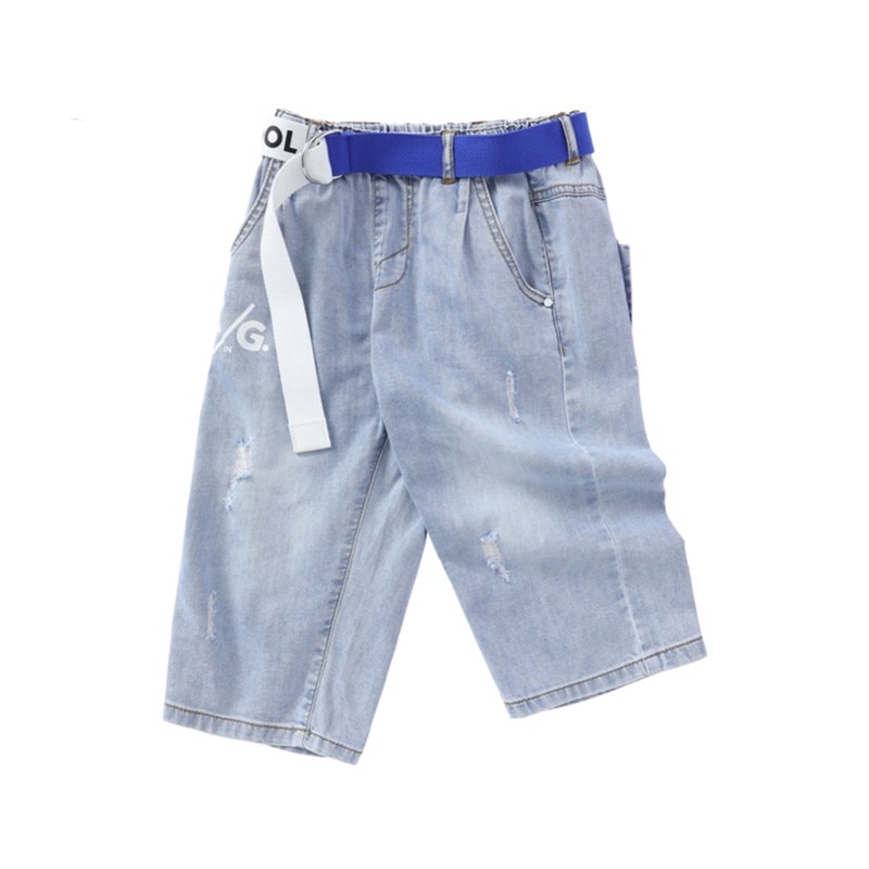 140-175码巴家儿童裤子男童夏季薄款松紧腰简约休闲七分牛仔中裤