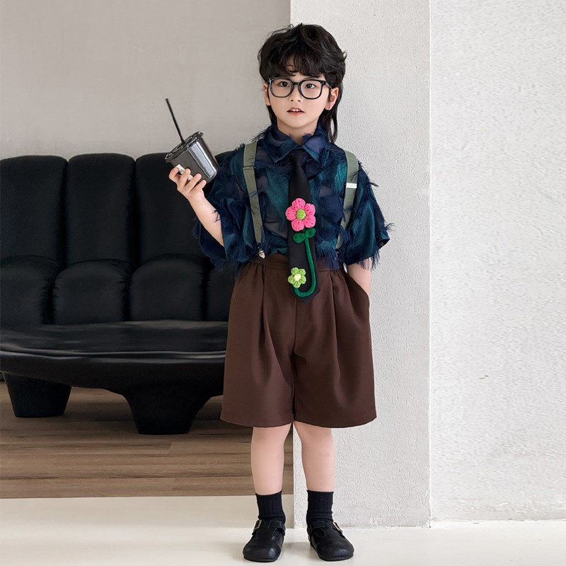 帅气男童礼服夏季2025新款花童背带裤套装洋气儿童小主持人演出服