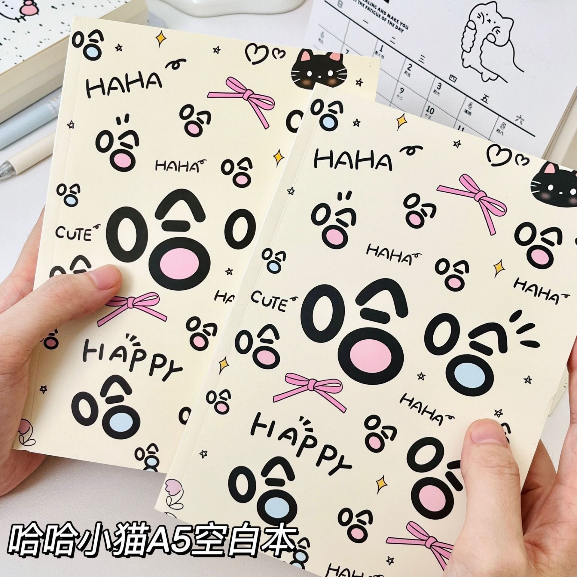 新款简约卡通哈哈小猫A5空白笔记本子加厚ins风高颜值大学生初高中生学习考研手账素材数学英语草稿本错题本