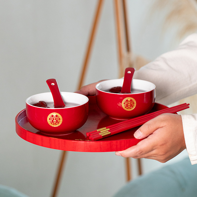 结婚红色茶壶敬茶杯喜碗筷套装焖茶壶女方陪嫁茶具新婚礼物送新人