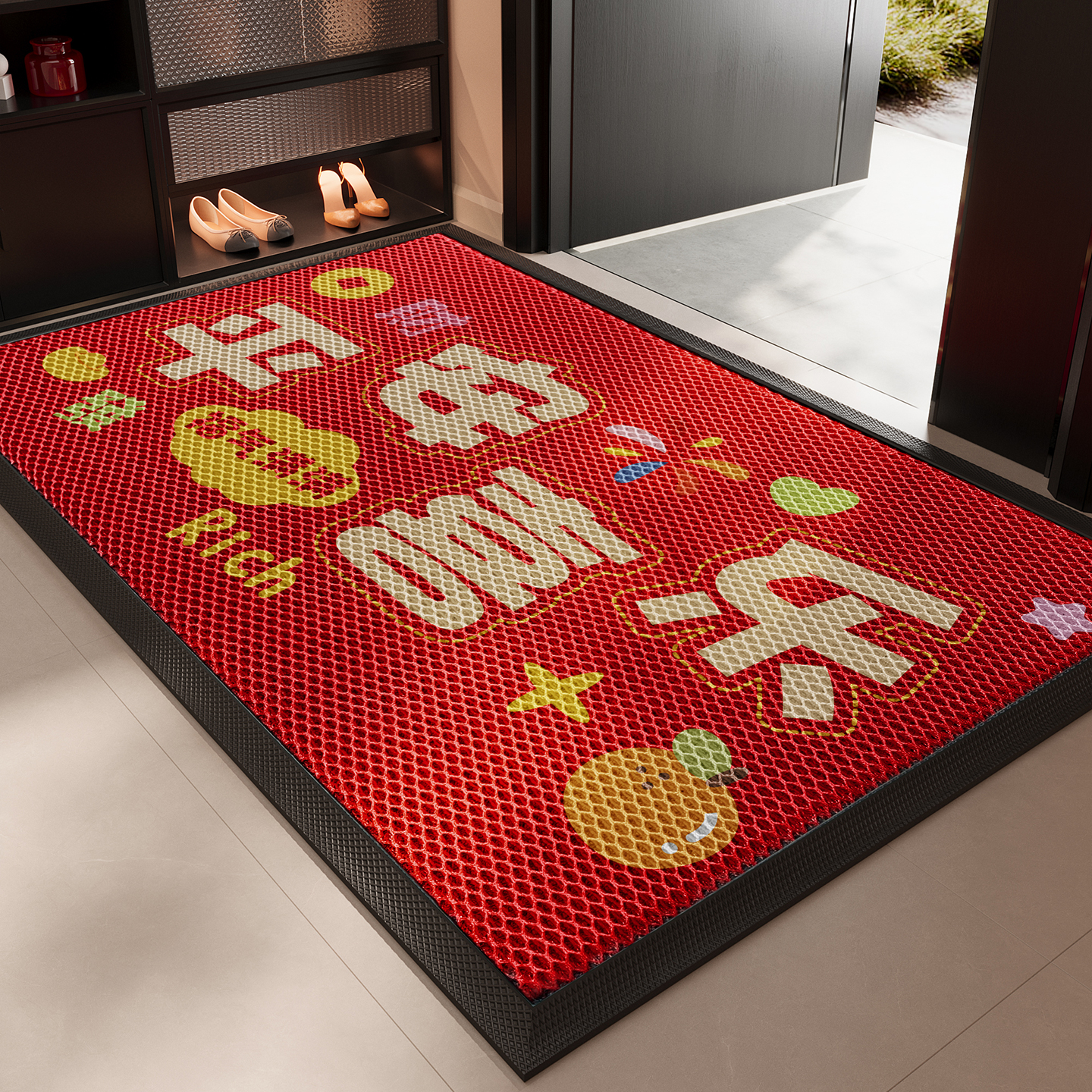红色高端入户门地垫家用喜庆防滑脚垫耐脏除尘别墅大门口地毯门垫