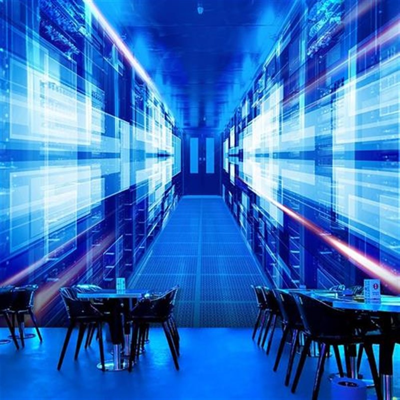 蓝色科幻科技感壁纸视觉延s伸空间壁画网吧IT信息公司前台背景墙