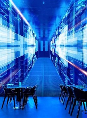 蓝色科幻科技感壁纸视觉延s伸空间壁画网吧IT信息公司前台背景墙