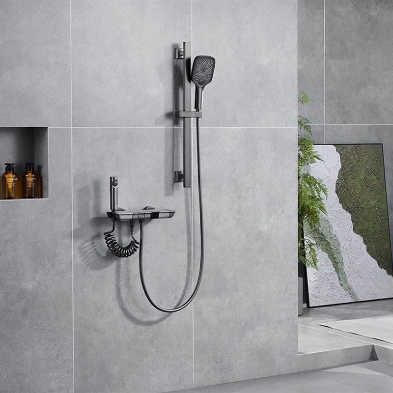 出口北欧枪灰色数显花洒套装挂墙式恒温K淋浴全铜浴缸升降杆龙头