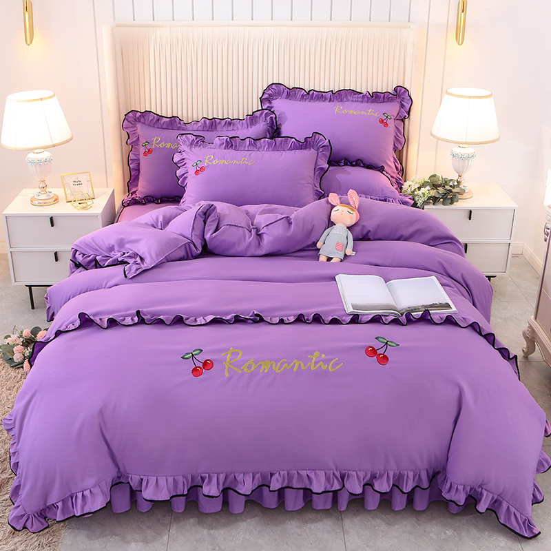 夏季薄款四件套床裙式床罩夏天被罩绣花刺O绣枕套被套公主风紫色
