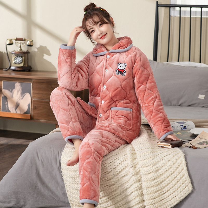 睡衣女冬季法兰绒三层加厚夹棉珊瑚绒保暖外穿可爱家居服套装大码