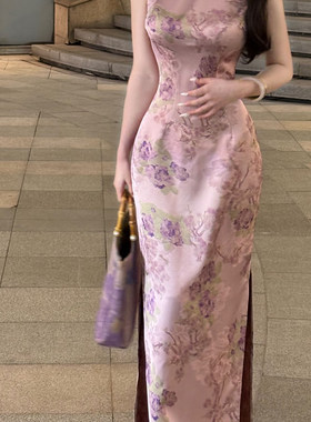 缎泽夏季显瘦新中式国风旗袍紫色连衣裙长款旗袍女 港工珠光宝气