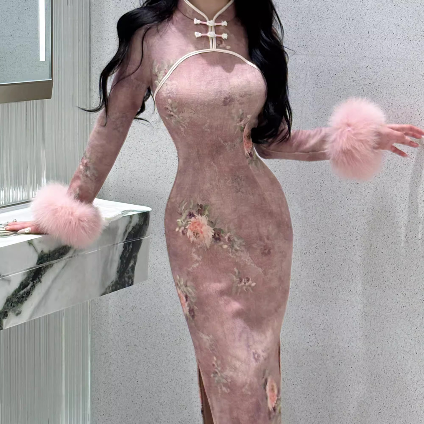 秋冬厚款针织旗袍连衣裙粉娇娘