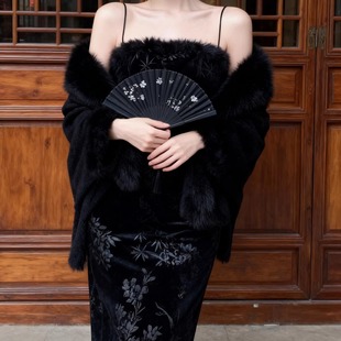 富家千金风两件套黑色吊带连衣裙女百搭新中式 黑汝兔 气质长裙套装