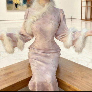 旗袍冬装2025新款国风中式加绒连衣裙改良高级感长袖裙子江南水紫